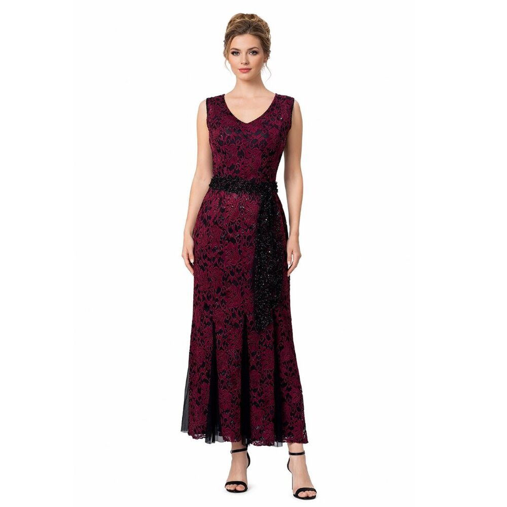 Candolite Petite S Red Wine Burgundy Lace Mermaid Gown Formal Evening Glamoratti